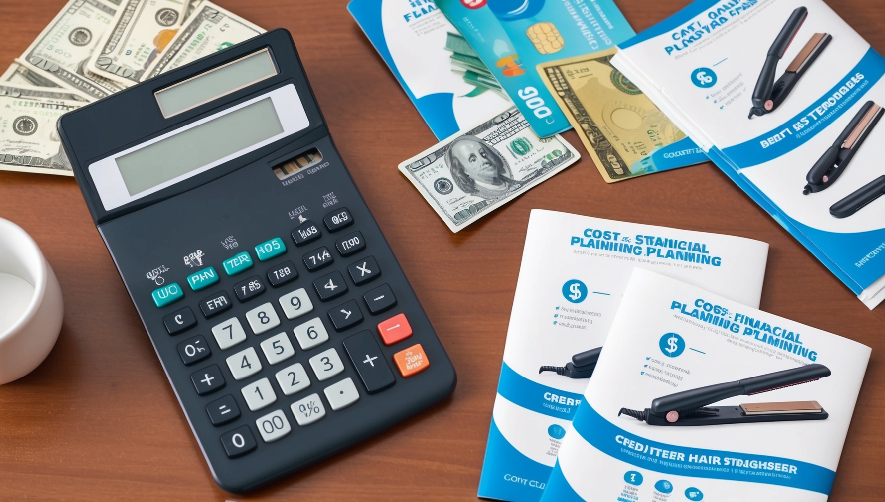 Pénzügyi tervezés hajvasaló vásárláshoz - számológép, pénz, bankkártyák és prospektusok befektetési döntéshozatalhoz