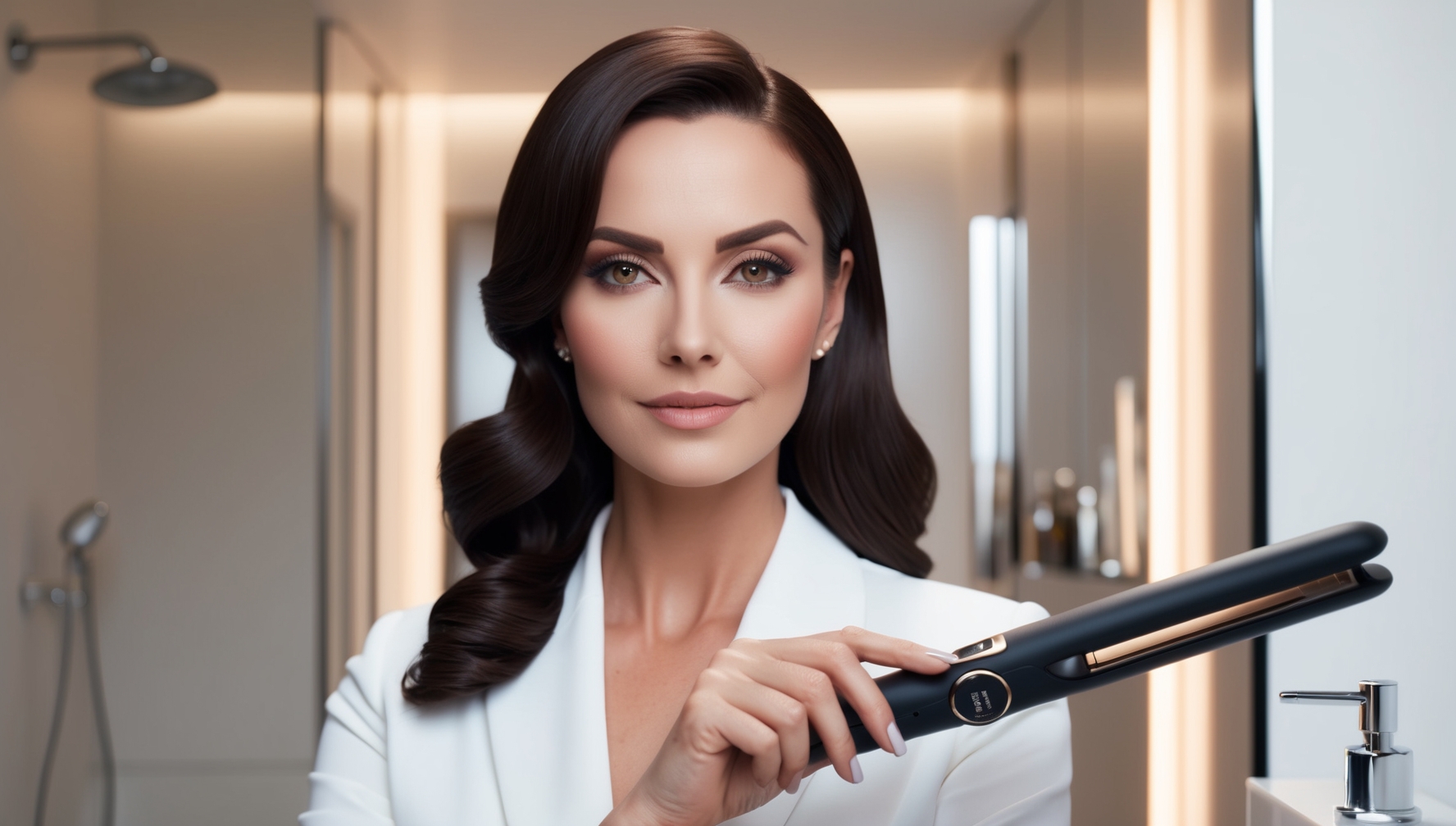 Professzionális megjelenés prémium hajvasalóval - magabiztos nő modern fürdőszobában, életmód fotó
